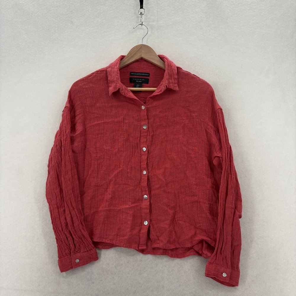Tahari Shirt Womens Small Red 100% Linen Button Up Long Sleeve Lightweight Beach